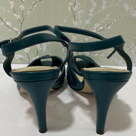 Vintage Bitten SJP Teal High Heel Peep Toe Sandals Size 7 Leather Upper Womens - Picture 4 of 7
